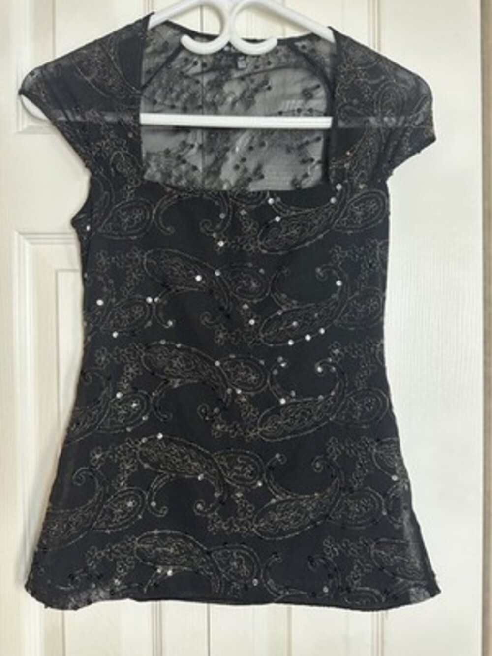 Vintage Le Château Black Sequin Paisley Mesh Top Made in Canada #60